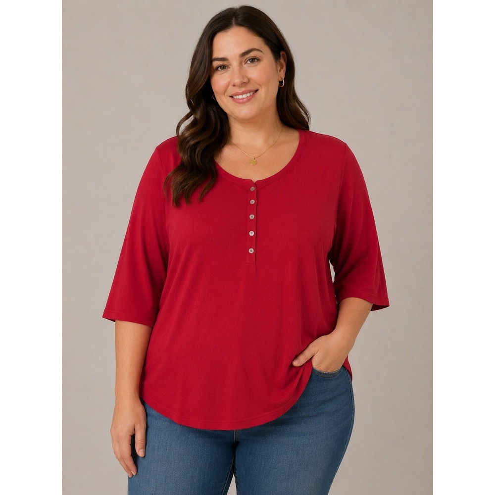 Catherines Suprema Collection Red Henley Top Plus 3/4 Sleeve Casual Blouse Shirt